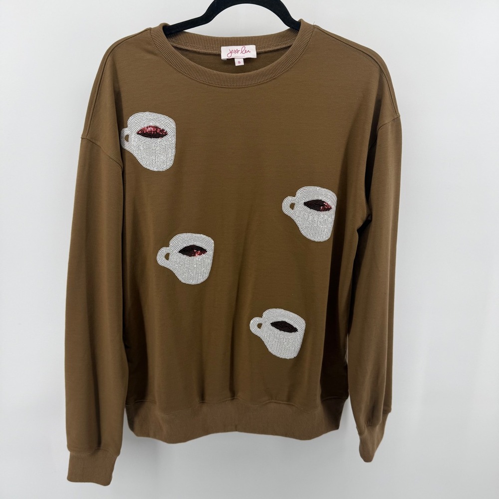 Jess Lea Women's Small Top Sweatshirt Brown Sequin‎ Coffee Cup Theme Cozy Soft
